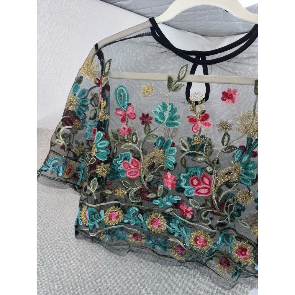 SHEIN VCAY Embroidered Floral Mesh Crop Top Women’s XL Black Sheer NWT - Picture 3 of 14